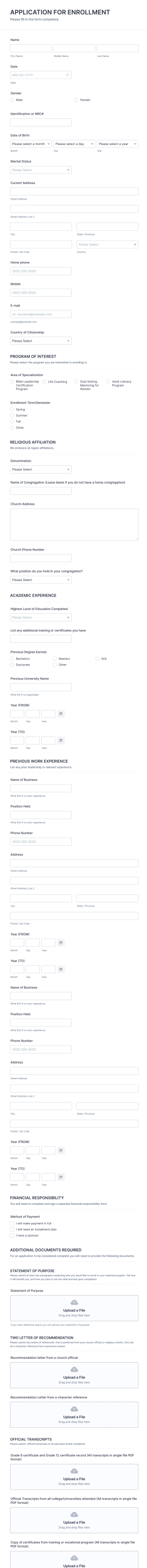 Leadership Training Institute Admission Form Template