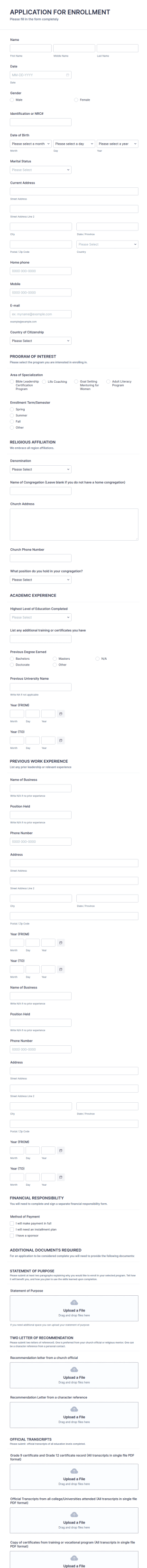 Leadership Training Institute Admission Form Template