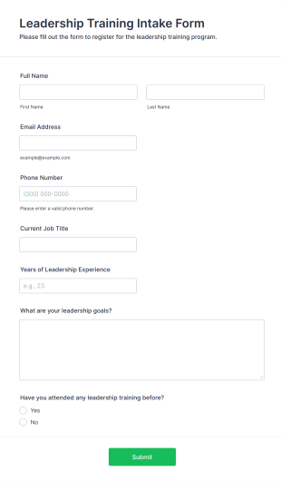 Leadership Training Intake Form Template