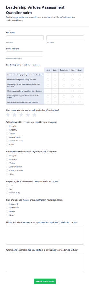 Leadership Virtues Assessment Questionnaire Form Template