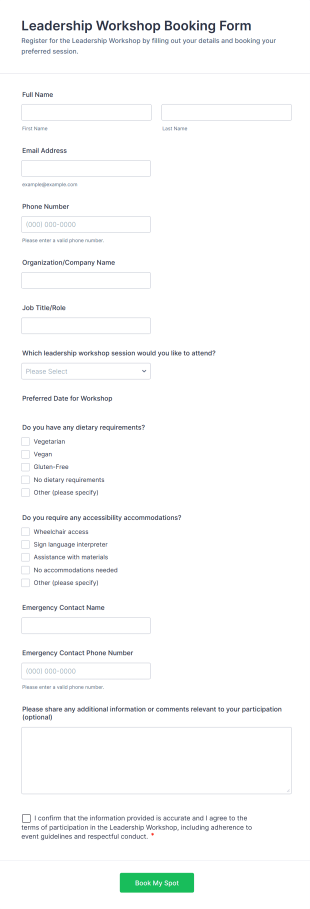 Leadership Workshop Booking Form Template