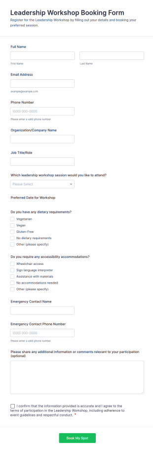 Leadership Workshop Booking Form Template