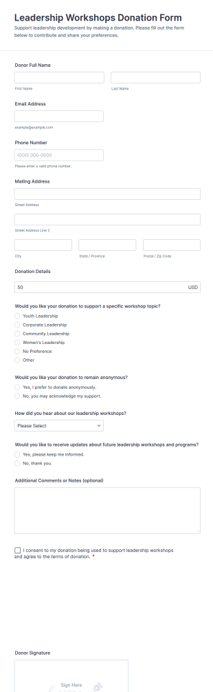 Leadership Workshops Donation Form Template