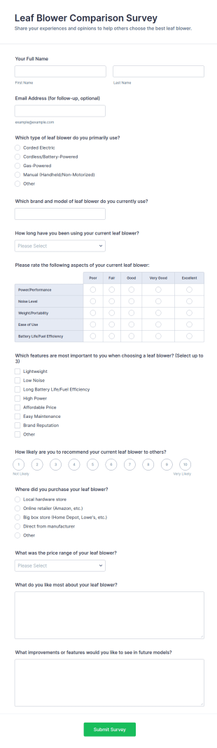 Leaf Blower Comparison Survey Form Template