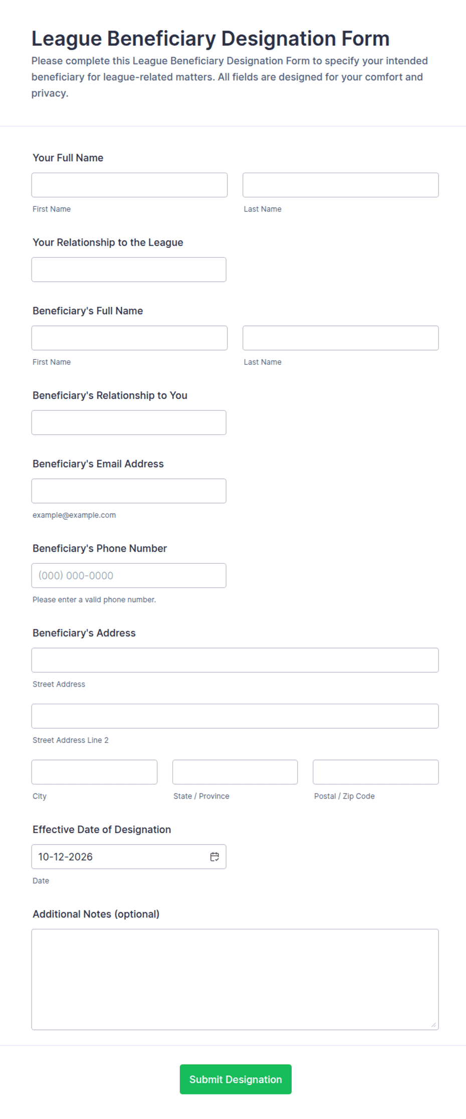 League Beneficiary Designation Form Template | Jotform