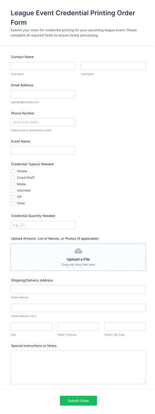 League Event Credential Printing Order Form Template