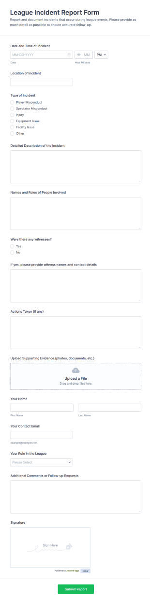 League Incident Report Form Template