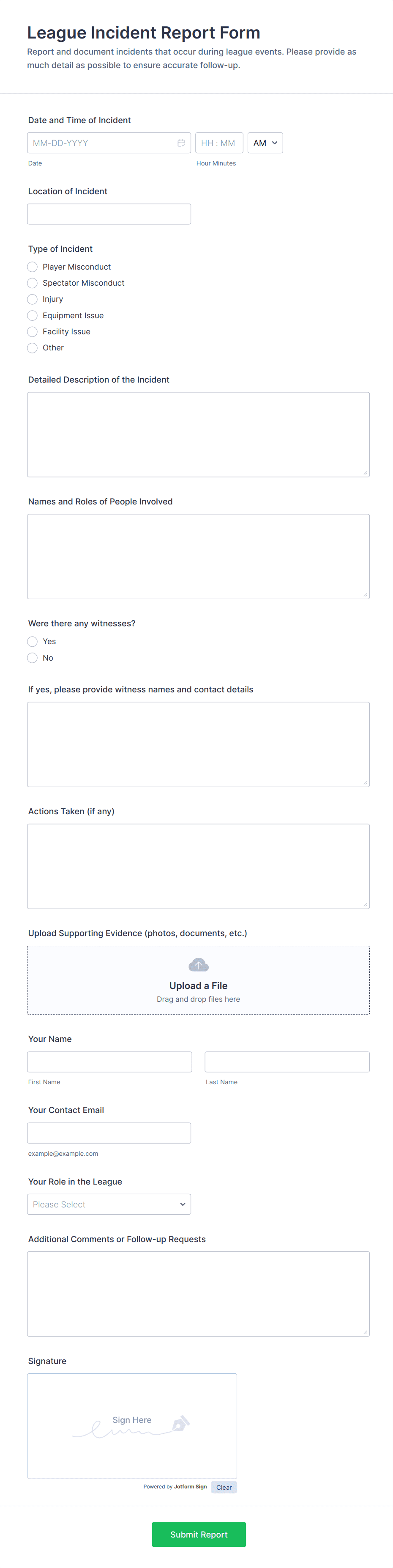 League Incident Report Form Template | Jotform