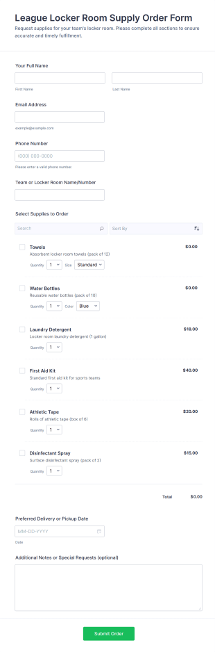 League Locker Room Supply Order Form Template