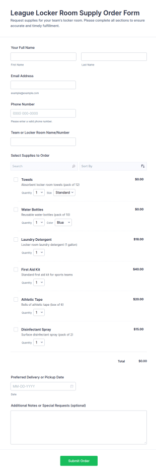 League Locker Room Supply Order Form Template