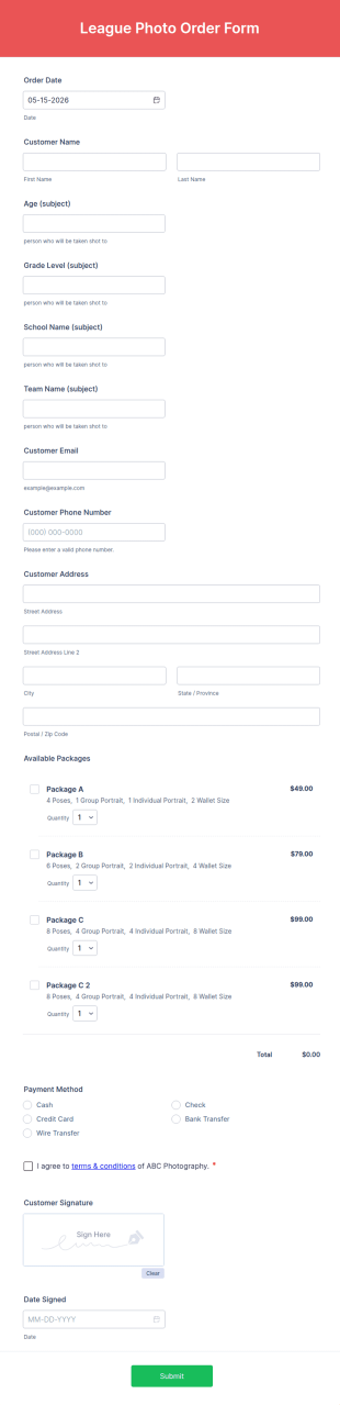 League Photo Order Form Template
