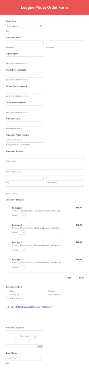 League Photo Order Form Template