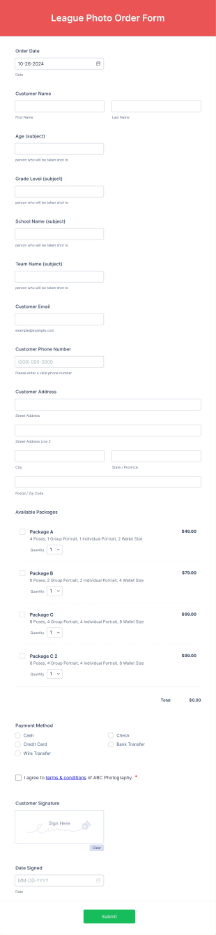League Photo Order Form Template