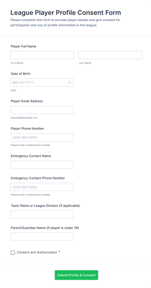 League Player Profile Consent Form Template