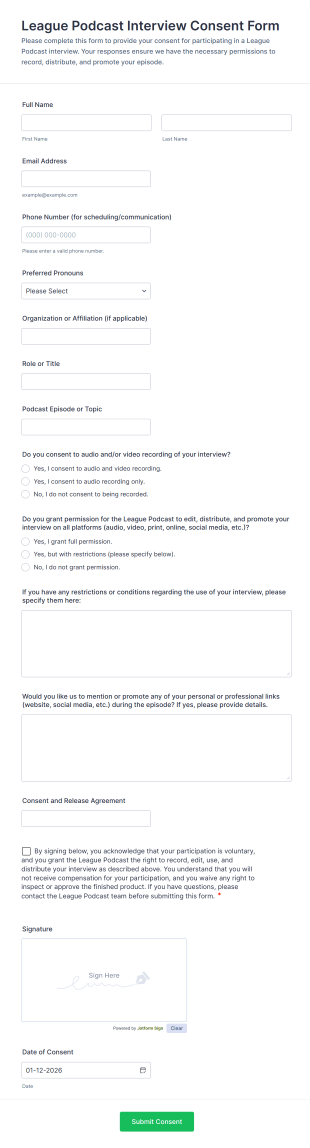 League Podcast Interview Consent Form Template