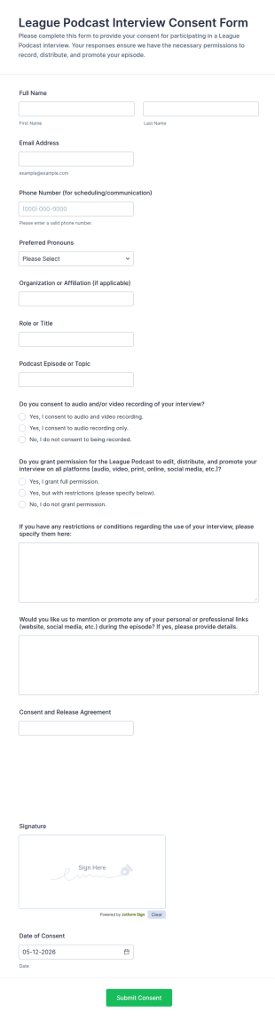 League Podcast Interview Consent Form Template
