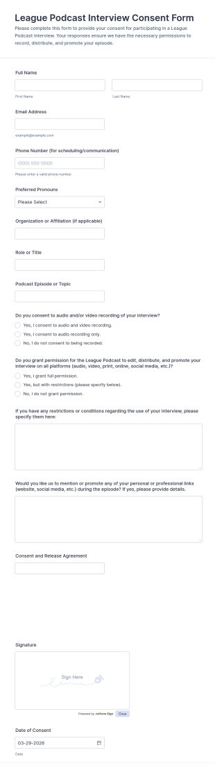 League Podcast Interview Consent Form Template