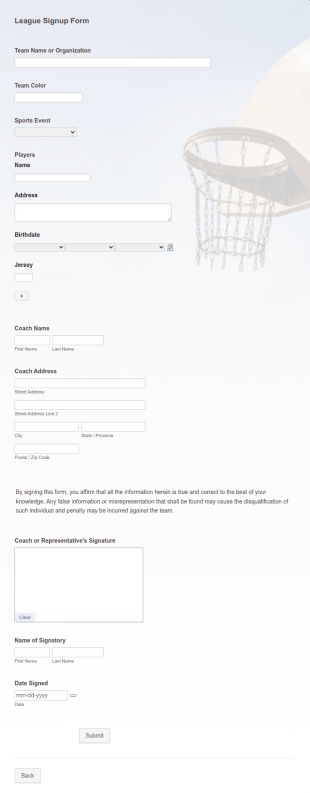 League Signup Form Template