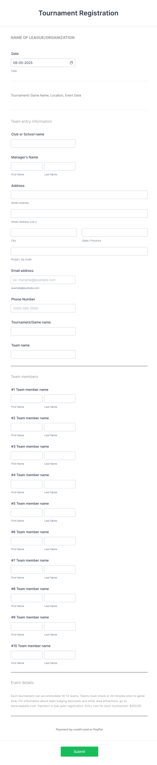 League Tournament Registration Form Template