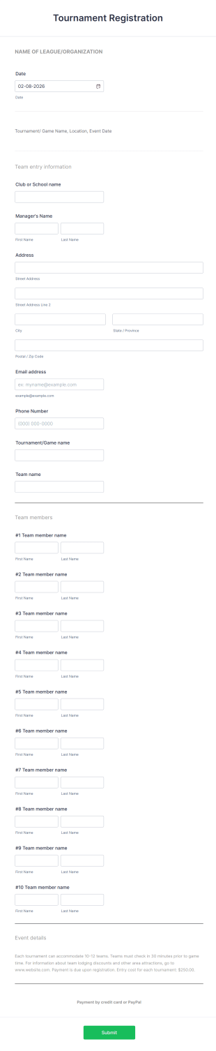 League Tournament Registration Form Template