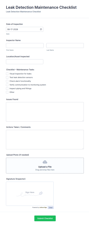 Leak Detection Maintenance Checklist Form Template