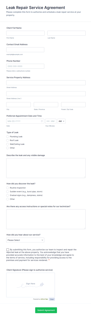 Leak Repair Service Agreement Form Template