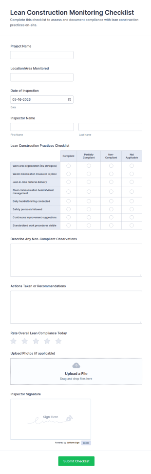 Lean Construction Monitoring Checklist Form Template