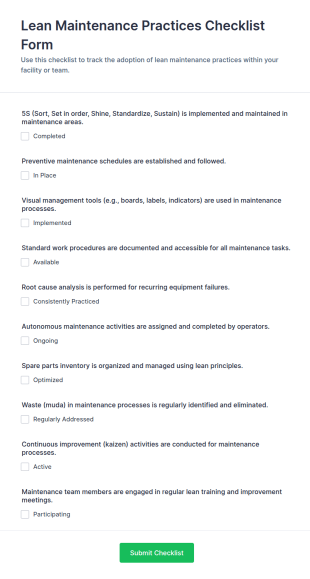 Lean Maintenance Practices Checklist Form Template