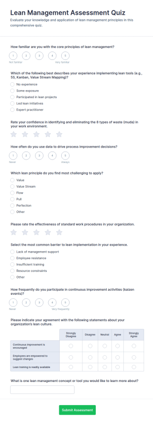 Lean Management Assessment Quiz Form Template