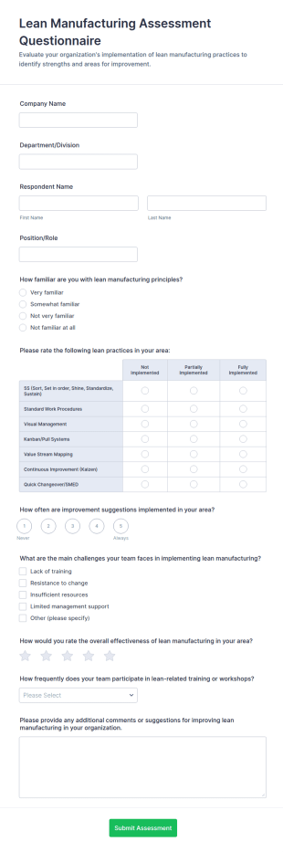 Lean Manufacturing Assessment Questionnaire Form Template
