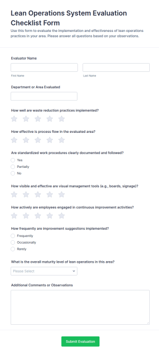 Lean Operations System Evaluation Checklist Form Template