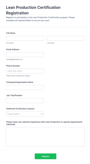Lean Production Certification Registration Form Template
