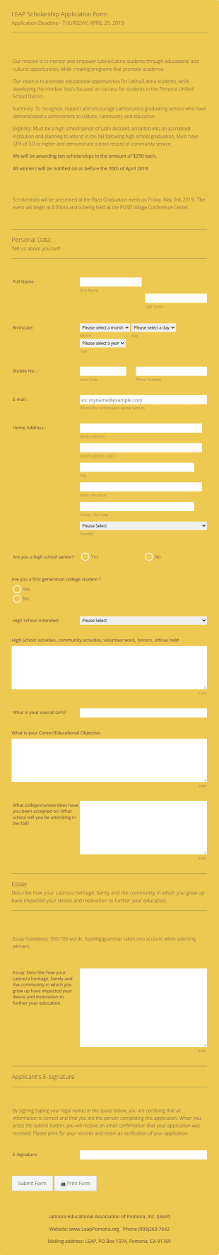 LEAP Scholarship Application Form Template