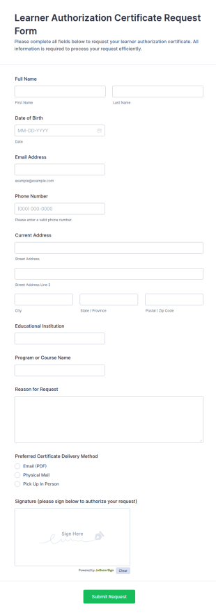 Learner Authorization Certificate Request Form Template