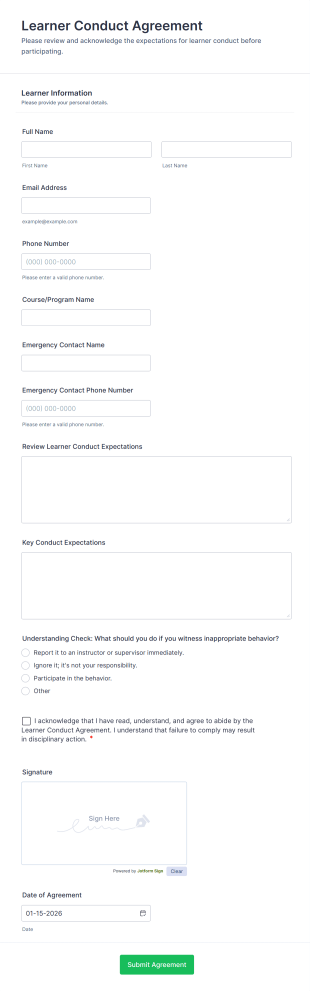 Learner Conduct Agreement Form Template