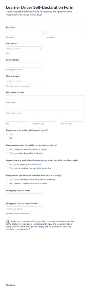 Learner Driver Self Declaration Form Template