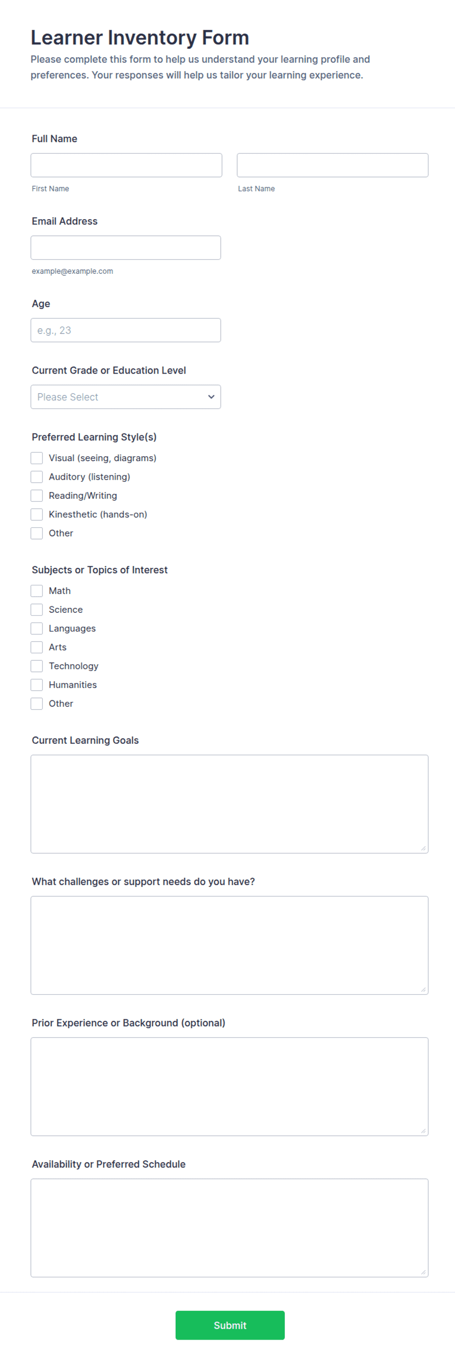 Learner Inventory Form Template | Jotform