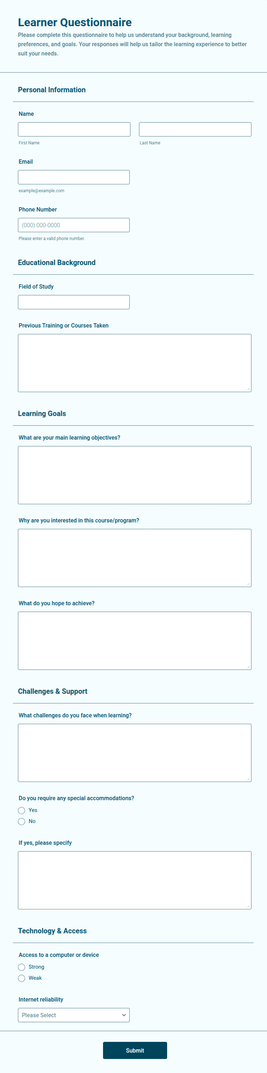 Learner Questionnaire Form Template | Jotform