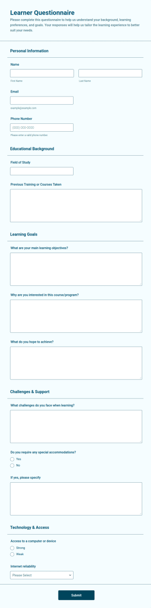 Learner Questionnaire Form Template