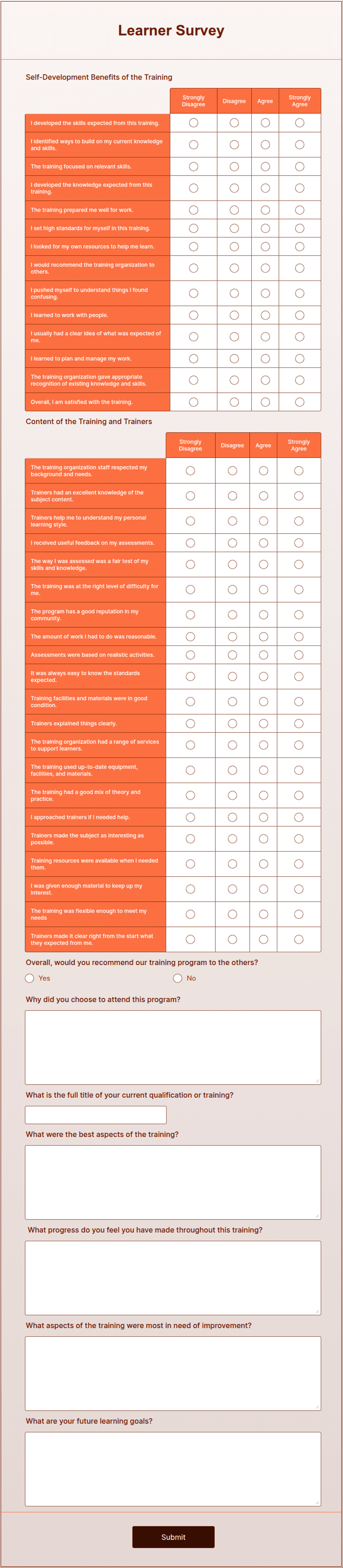 Learner Questionnaire Example Learner Survey Form Template | Jotform