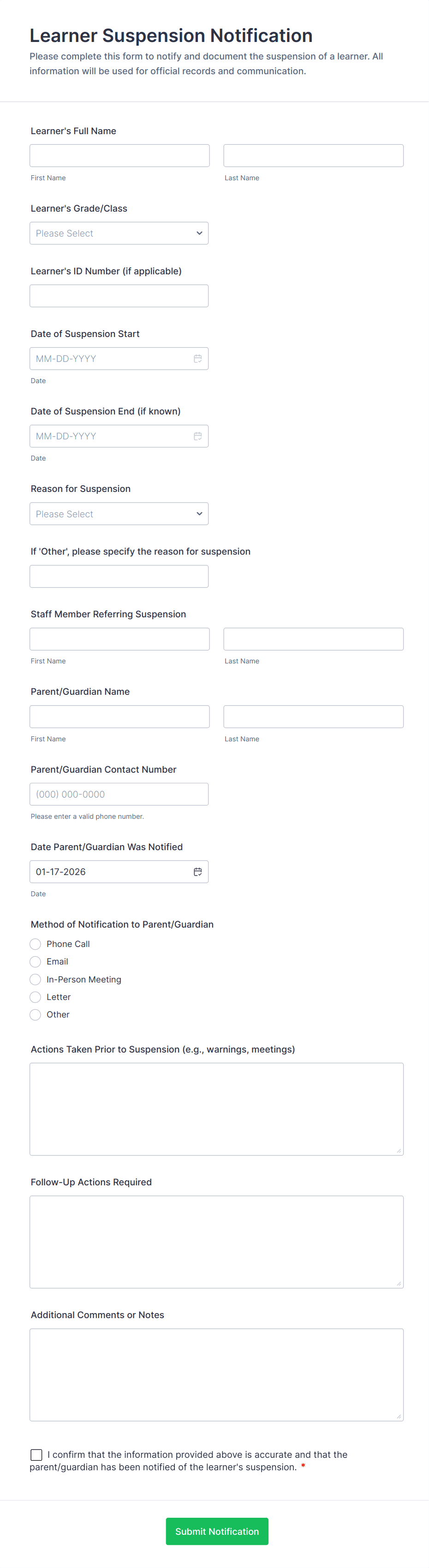 Learner Suspension Notification Form Template | Jotform