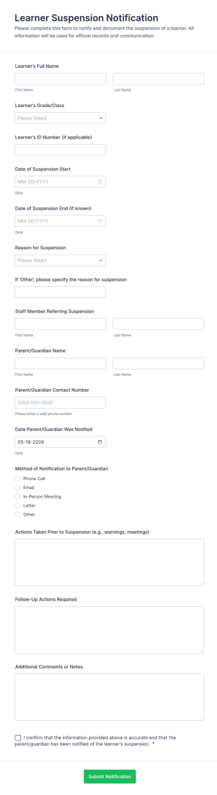 Learner Suspension Notification Form Template