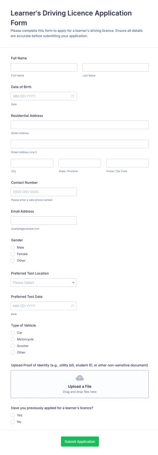 Learner's Driving Licence Application Form Template