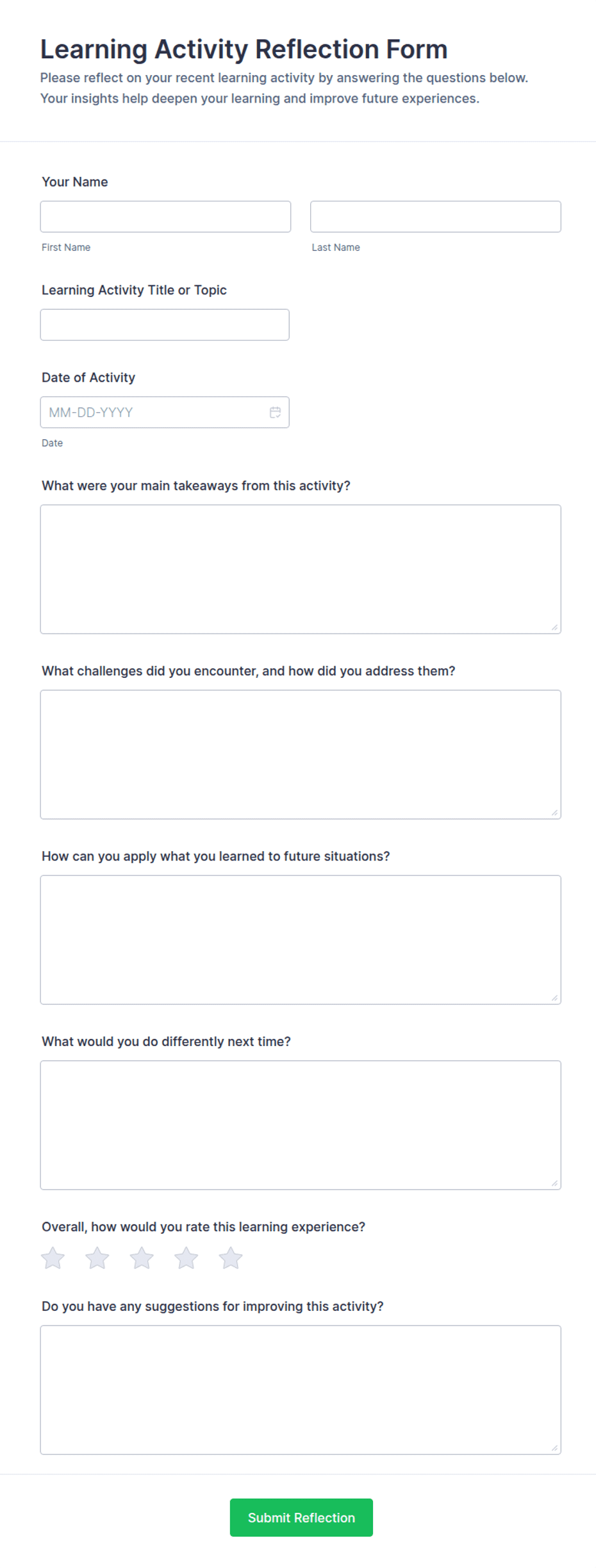 Learning Activity Reflection Form Template | Jotform
