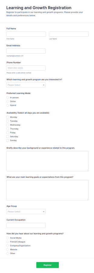 Learning And Growth Registration Form Template