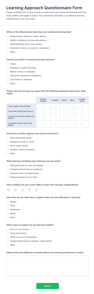 Learning Approach Questionnaire Form Template