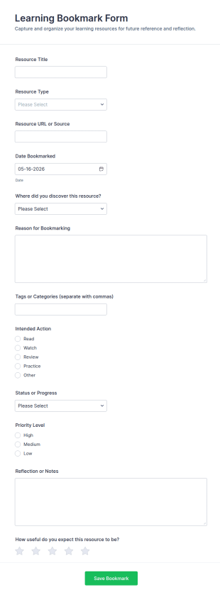 Learning Bookmark Form Template