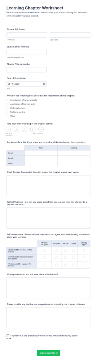 Learning Chapter Worksheet Form Template