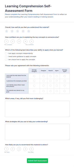 Learning Comprehension Self Assessment Form Template