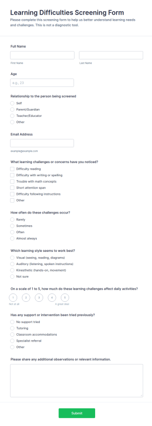Learning Difficulties Screening Form Template